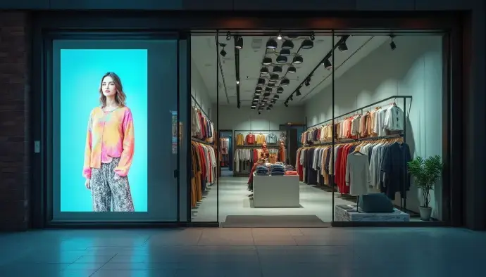 Écran outdoor en vitrine : visibilité maximale en toutes conditions Écran professionnel en vitrine d’un magasin de prêt-à-porter, visible depuis l’extérieur même en plein jour