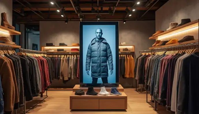 Écran LFD en boutique : haute résolution et impact visuel garanti Écran LFD affichant une campagne visuelle dans une boutique de prêt-à-porter moderne