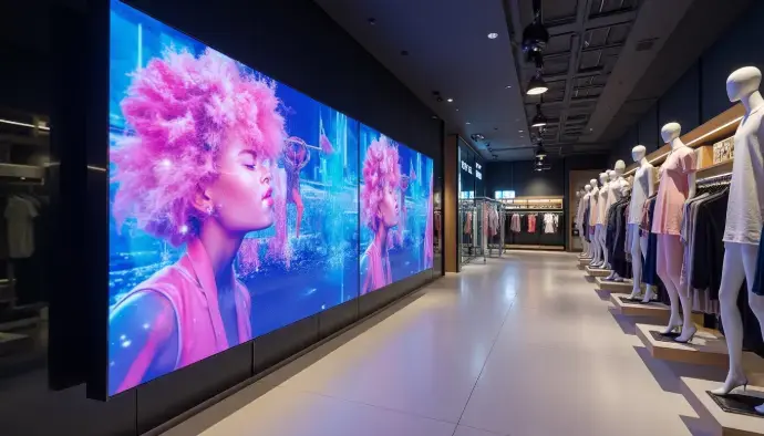 Mur LED grand format : visibilité maximale et effet immersif Mur LED affichant une vidéo immersive dans un magasin de vêtements moderne, pour une communication visuelle percutante
