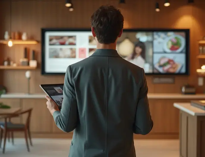 Gestion centralisée de l’affichage dynamique pour réduire les coûts et optimiser le service Homme de dos contrôlant un affichage dynamique Hubgrade via une tablette